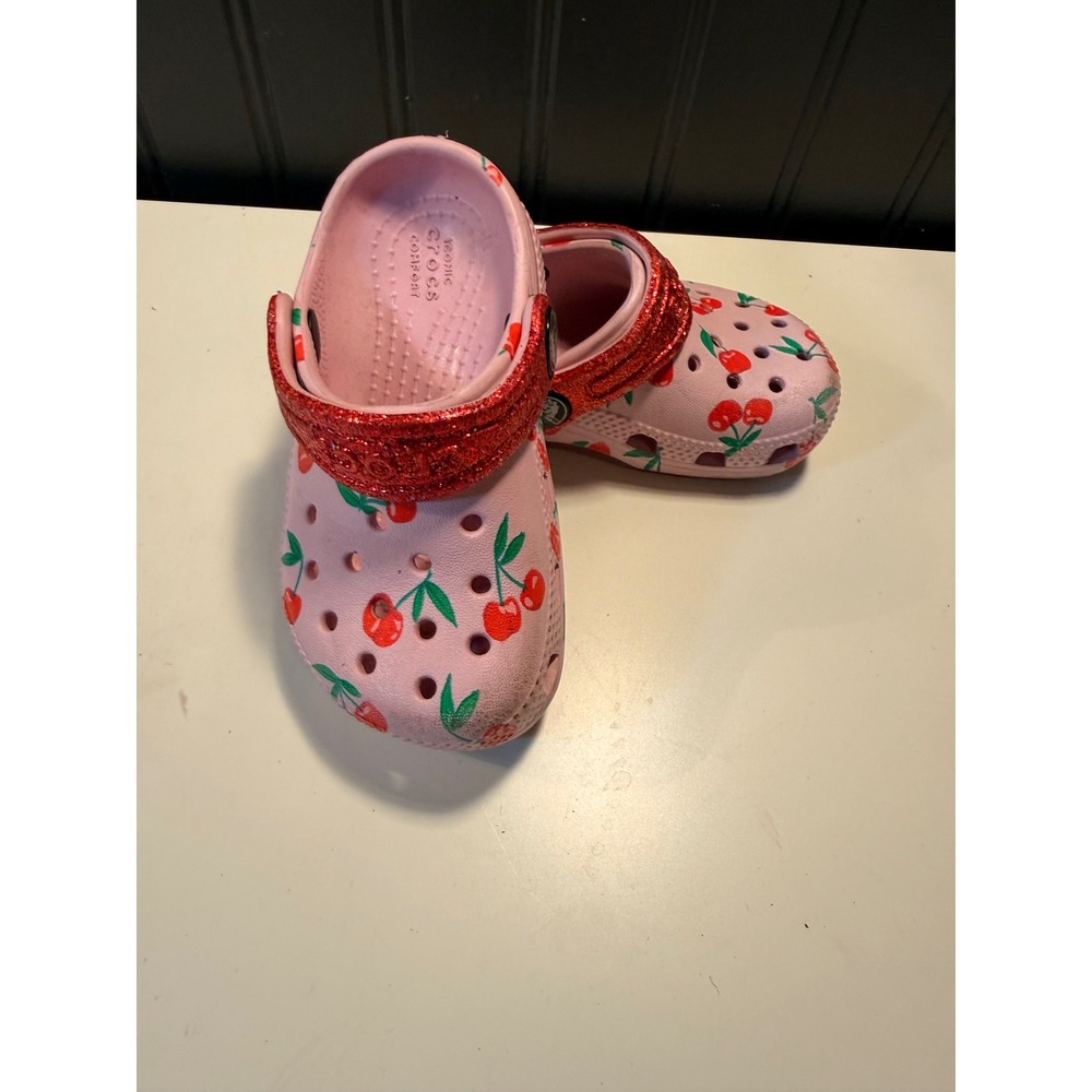 Crocs Classic Clog Pink Cherry Print Red Glitter Strap Toddler Size C6